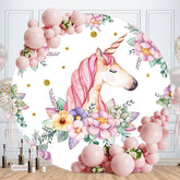 Aperturee - Pink And Purple Floral Unicorn Round Birthday Backdrop